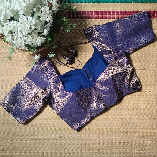 Navy Blue Sweetheart Neck Brocade Blouse