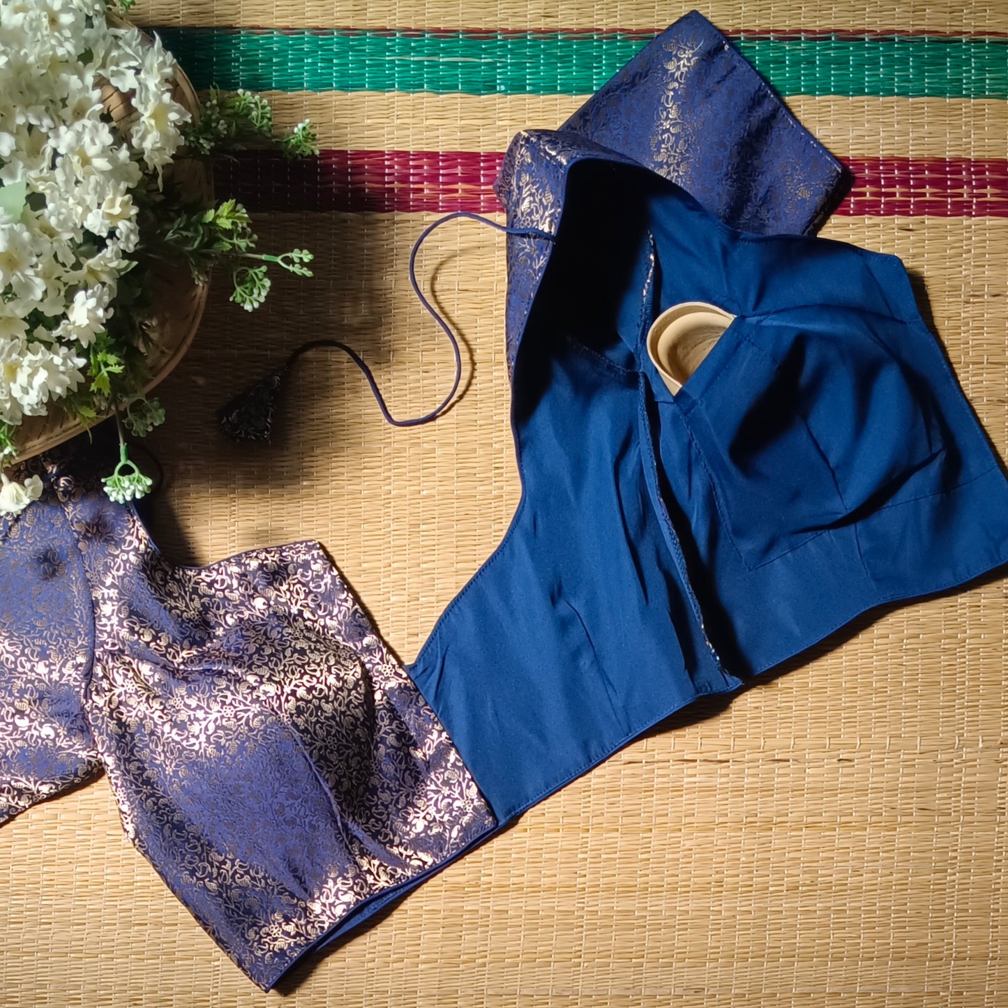 Navy Blue Sweetheart Neck Brocade Blouse