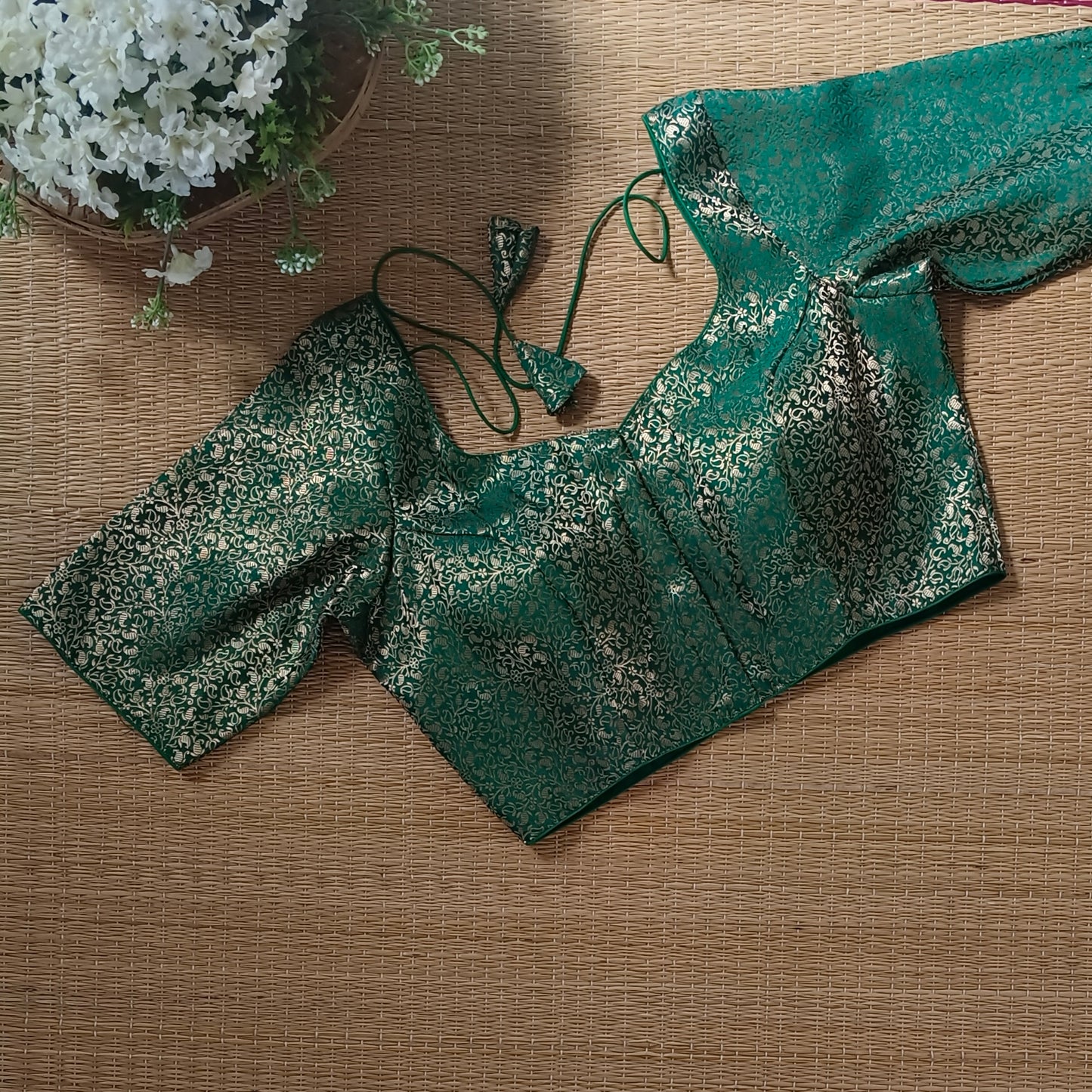 Green Sweetheart Neck Brocade Blouse
