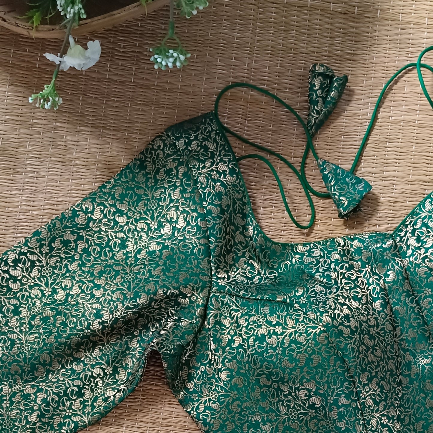 Green Sweetheart Neck Brocade Blouse