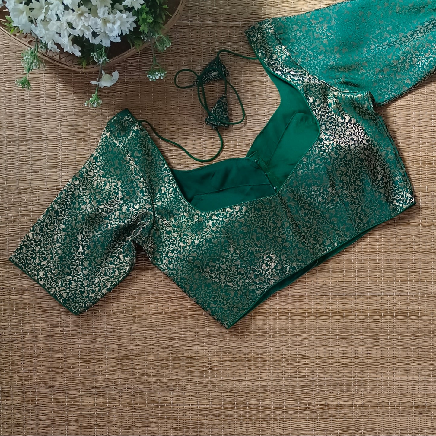 Green Sweetheart Neck Brocade Blouse