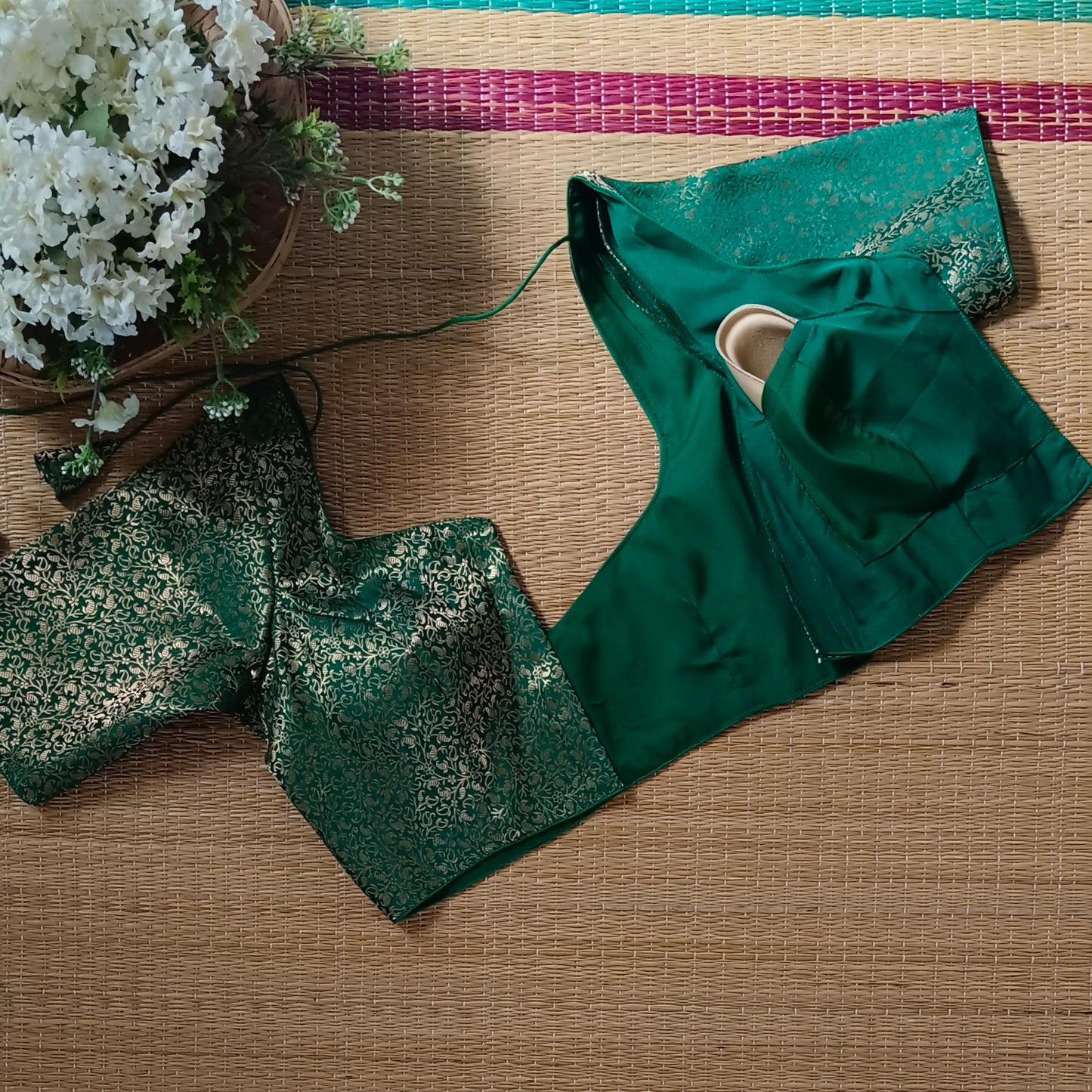 Green Sweetheart Neck Brocade Blouse