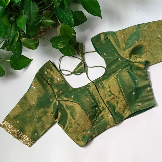 Green metallic tissue blouse with golden embroidery