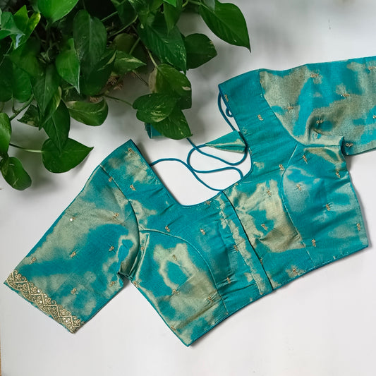 Blue metallic tissue blouse with golden embroidery