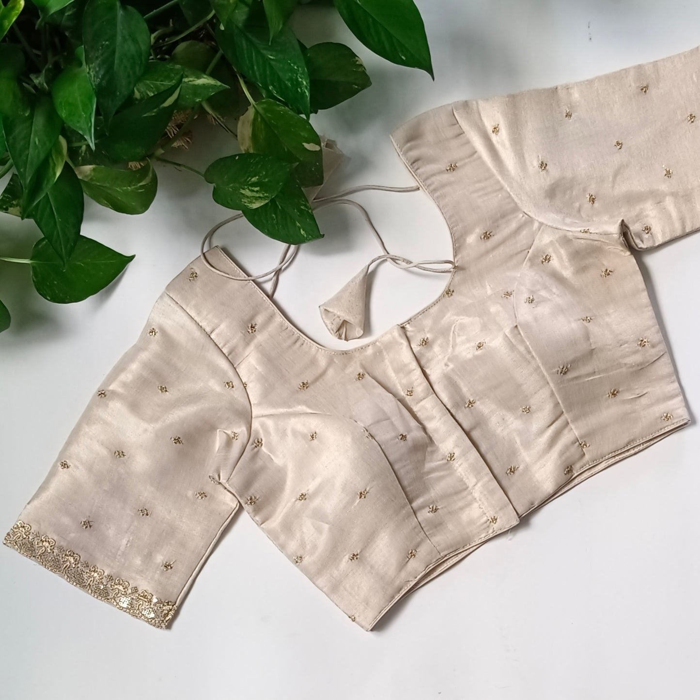 Beige metallic tissue blouse with golden embroidery