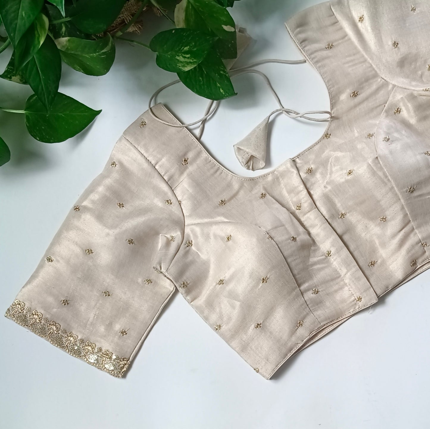 Beige metallic tissue blouse with golden embroidery