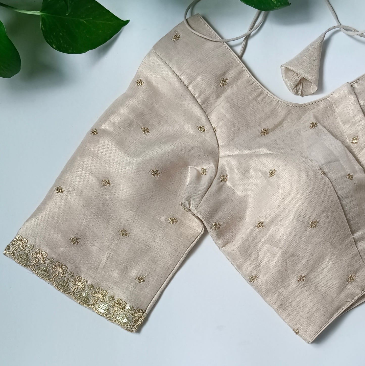 Beige metallic tissue blouse with golden embroidery