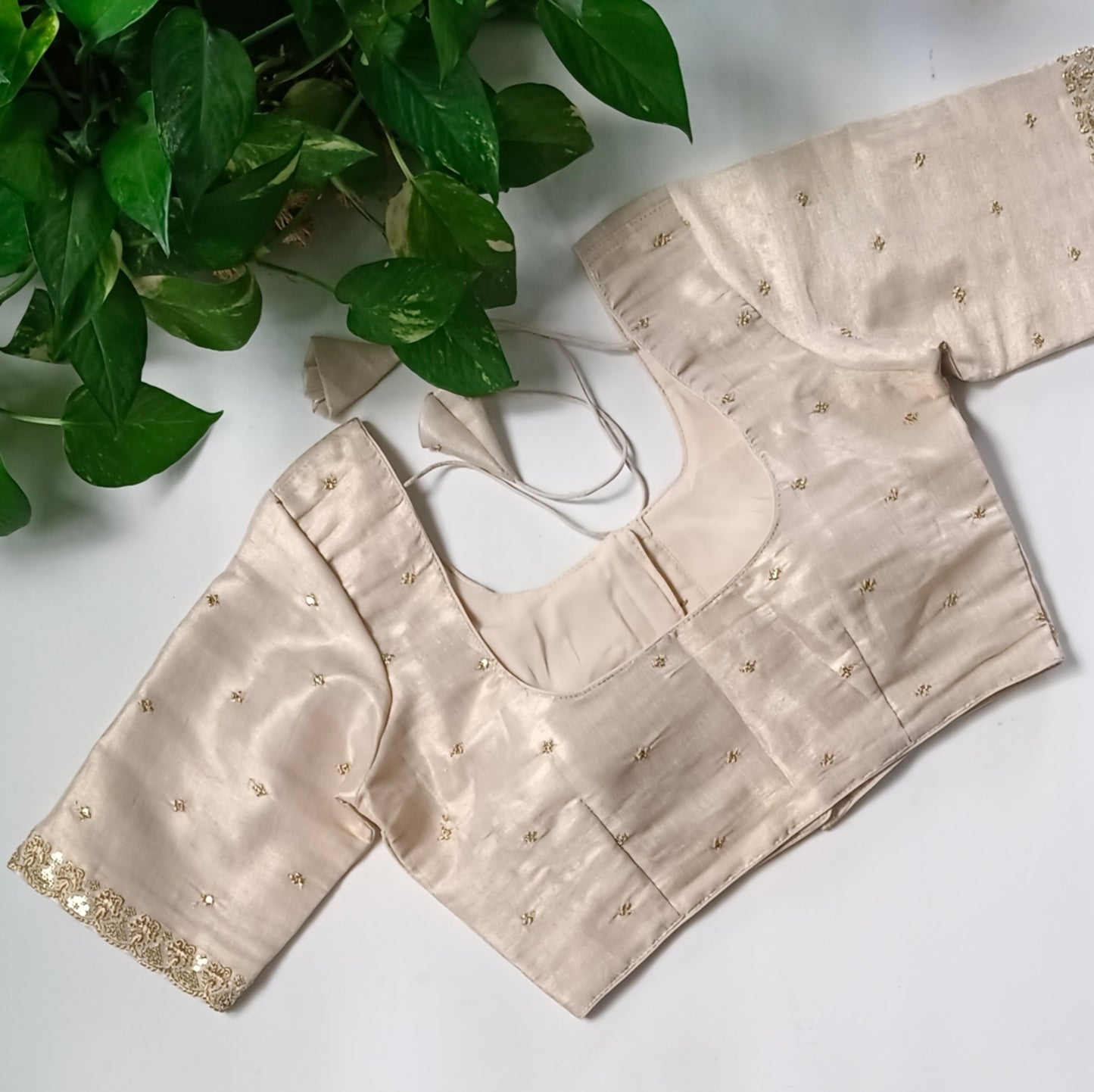 Beige metallic tissue blouse with golden embroidery