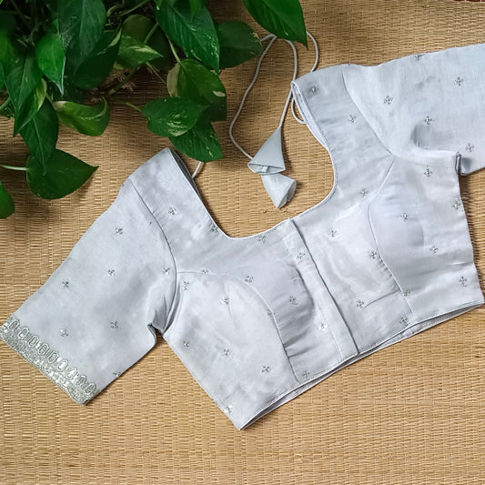 Silver metallic tissue blouse with silver embroidery