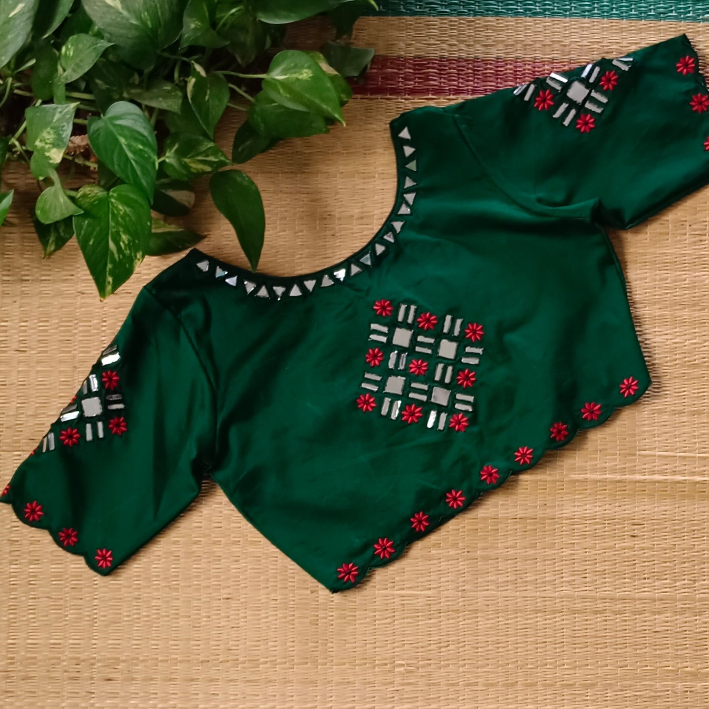 Bottle Green Mirrorwork Blouse