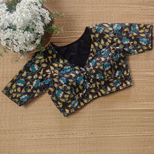 Black V Neck Kalamkari Cotton Blouse