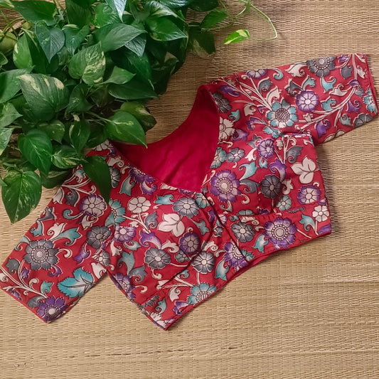 Red V Neck Kalamkari Silk Blouse