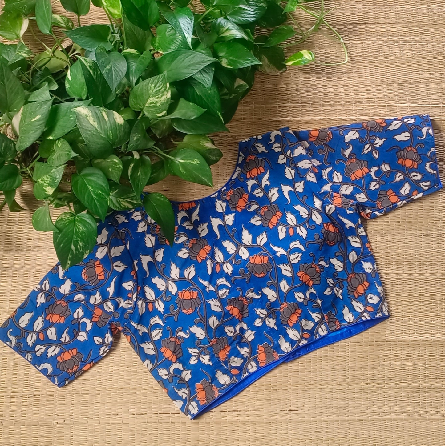 Blue V Neck Kalamkari Cotton Blouse