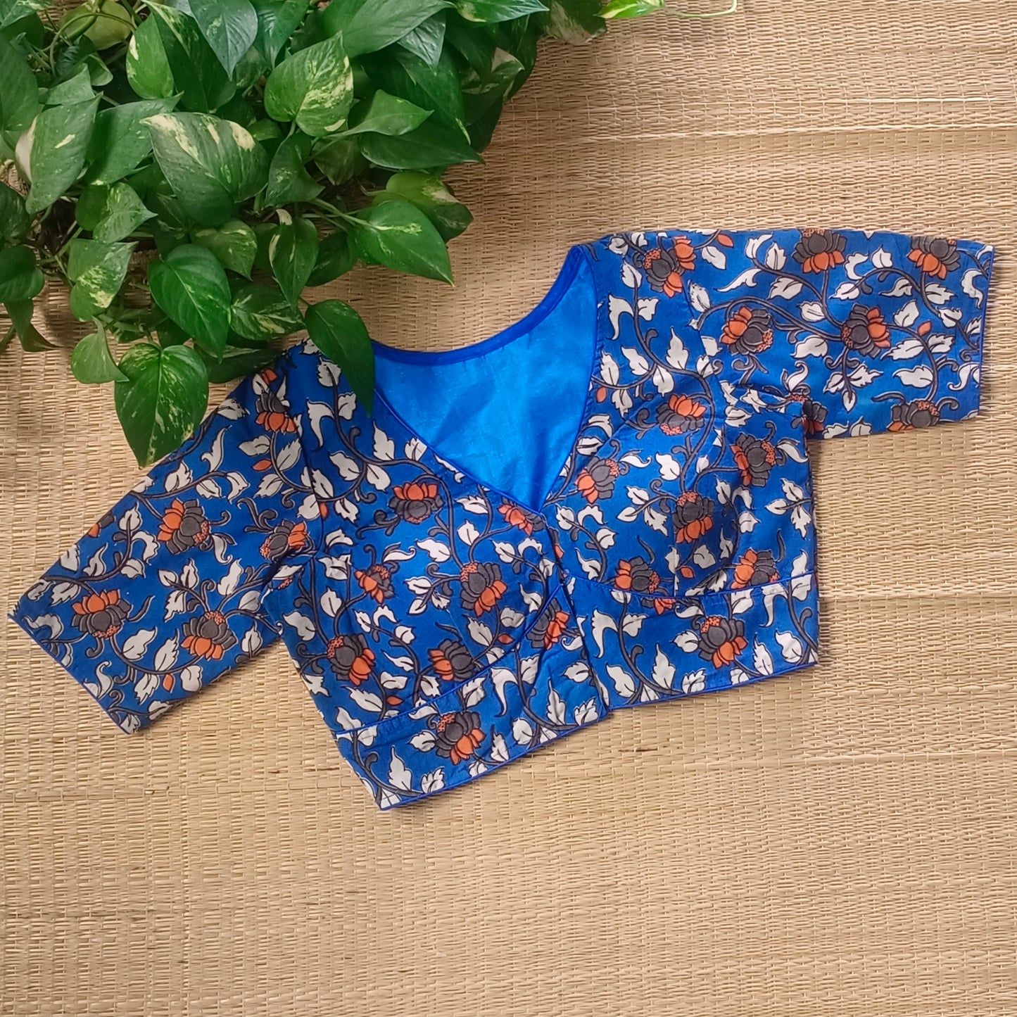 Blue V Neck Kalamkari Cotton Blouse