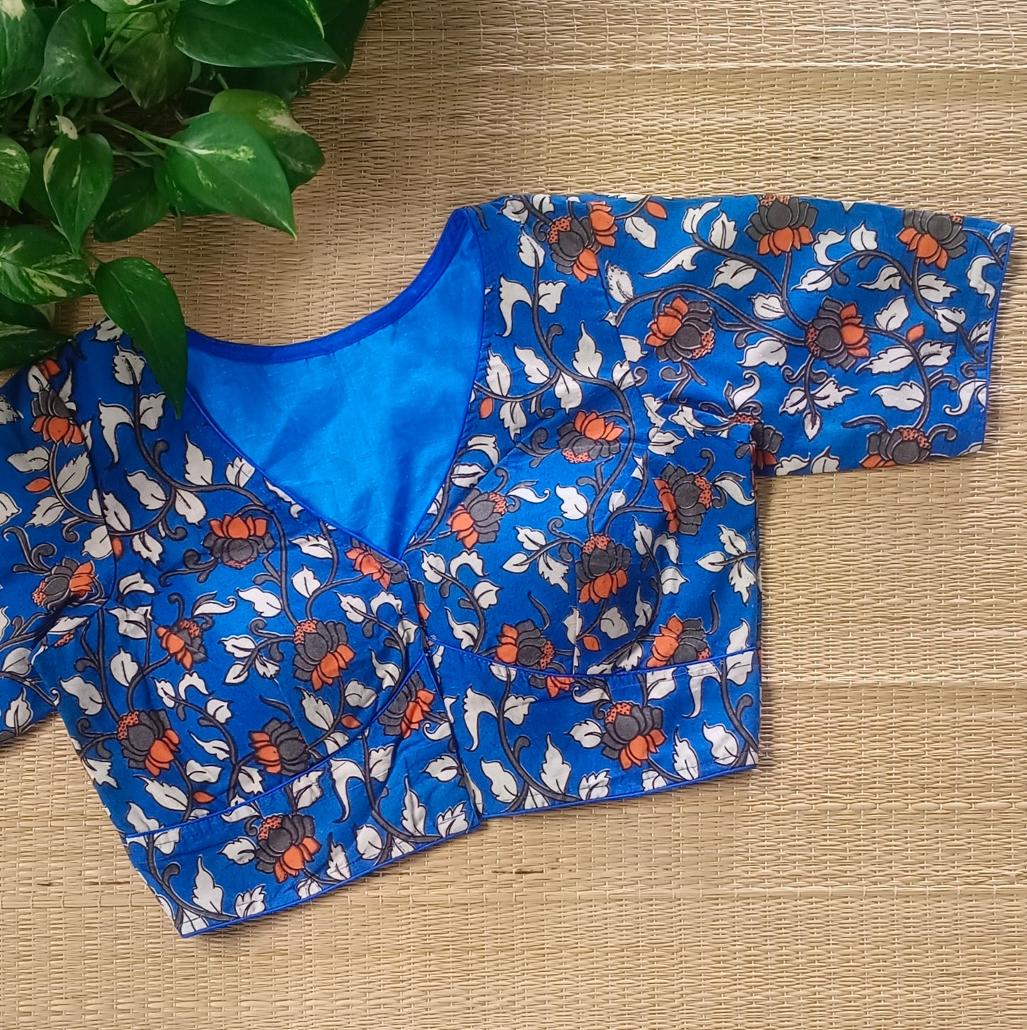 Blue V Neck Kalamkari Cotton Blouse