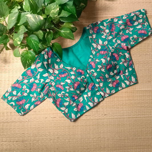Green V Neck Kalamkari Cotton Blouse
