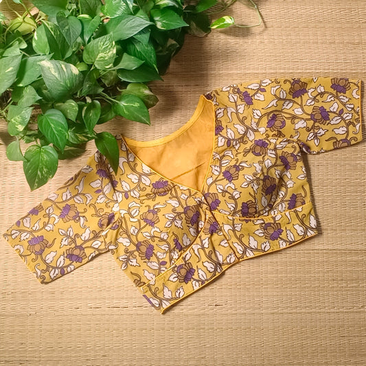 Mustard V Neck Kalamkari Cotton Blouse