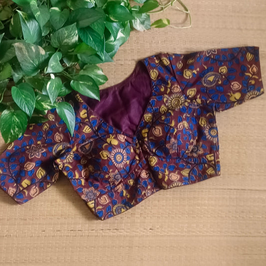 Brown V Neck Kalamkari Cotton Blouse