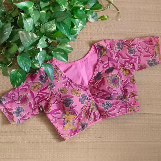 Pink V Neck Kalamkari Silk Blouse