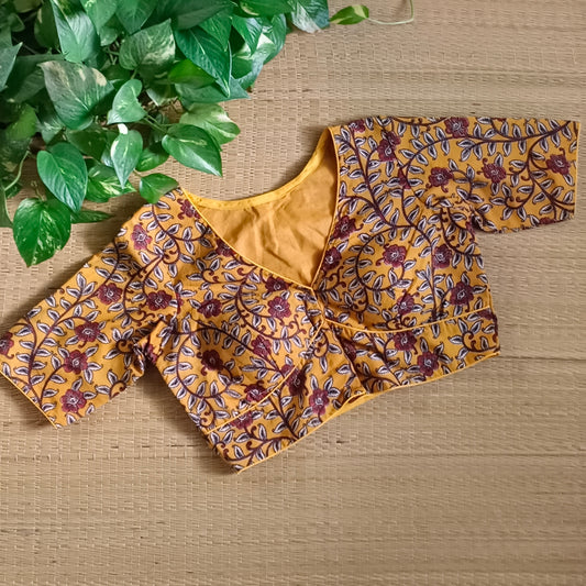 Yellow V Neck Kalamkari Cotton Blouse