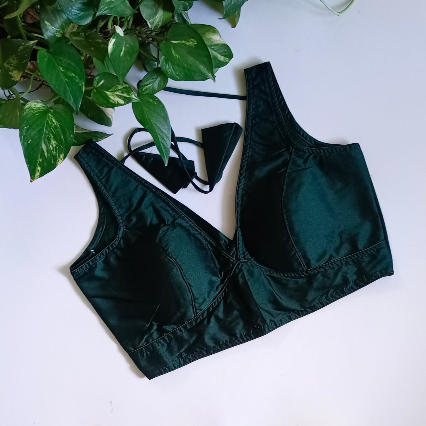 Bottle Green plain V-neck sleeveless blouse