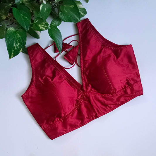 Dark Red plain V-neck sleeveless blouse