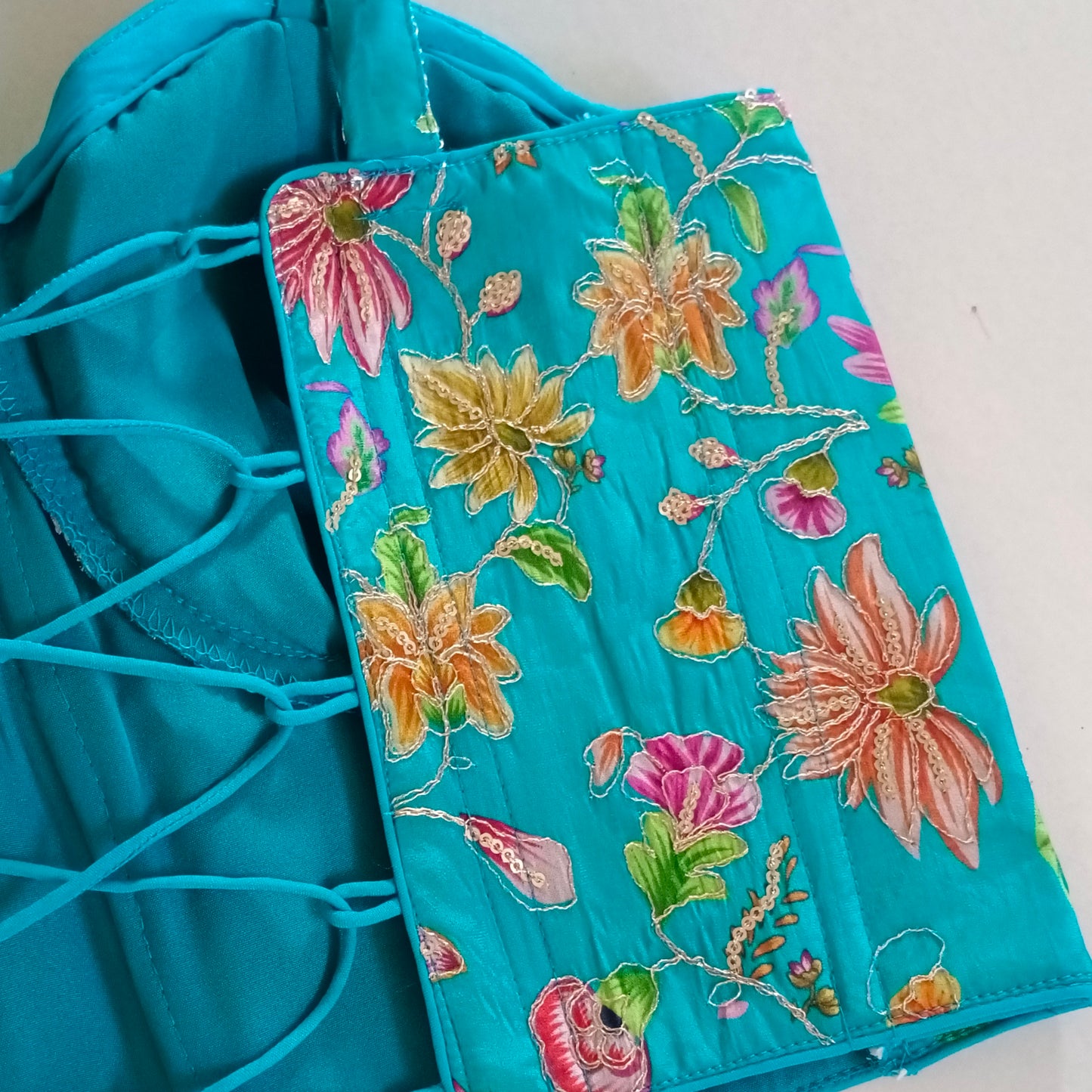 Blue Crepe Code Work Corset Blouse