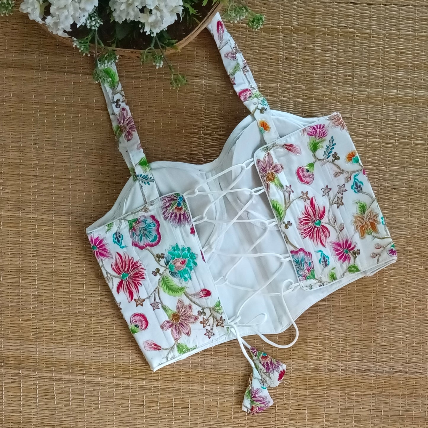 White Crepe Code Work Corset Blouse