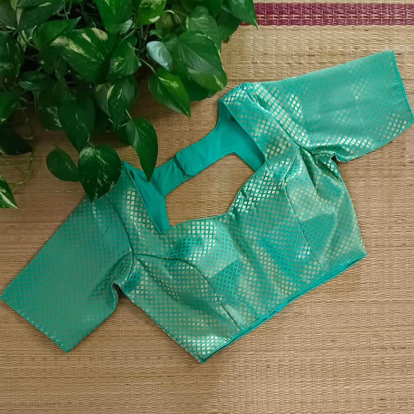Aqua Green Sweet Heart Neck Brocade Blouse