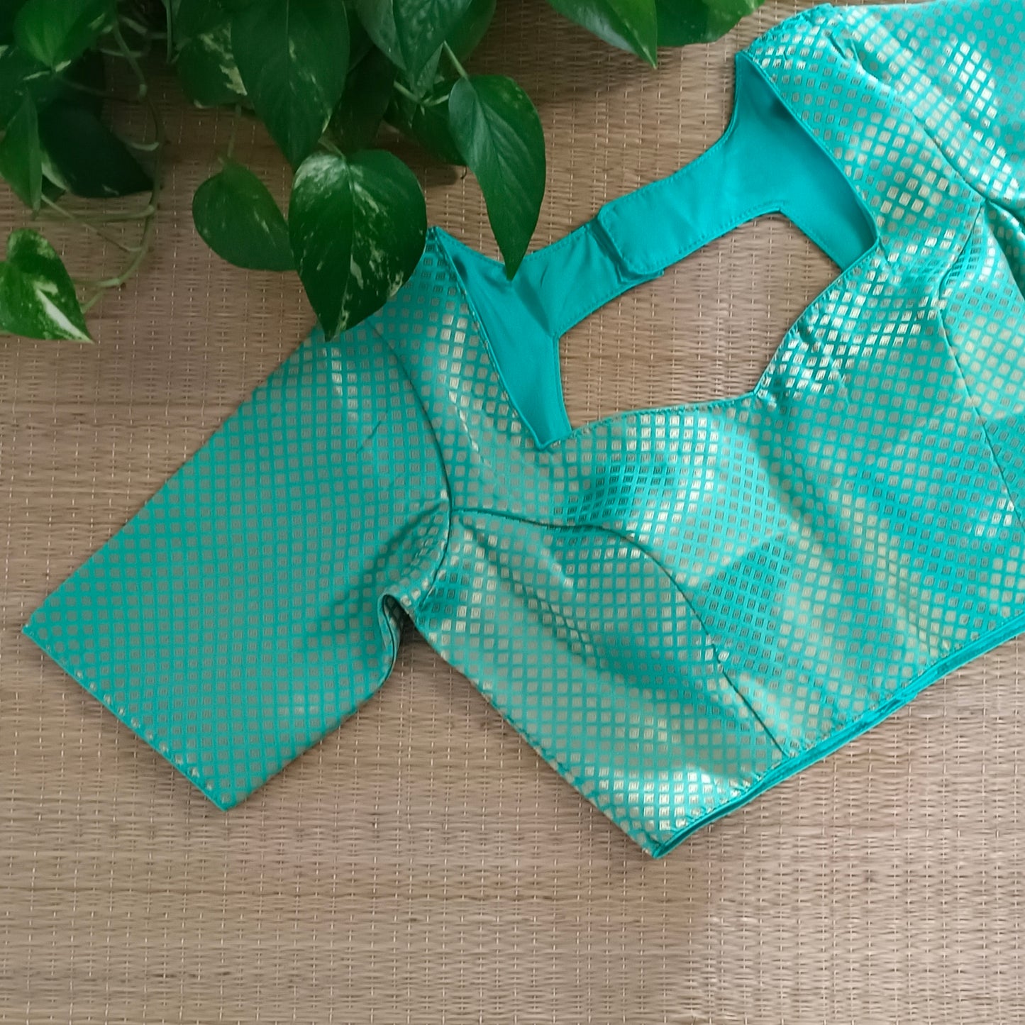 Aqua Green Sweet Heart Neck Brocade Blouse