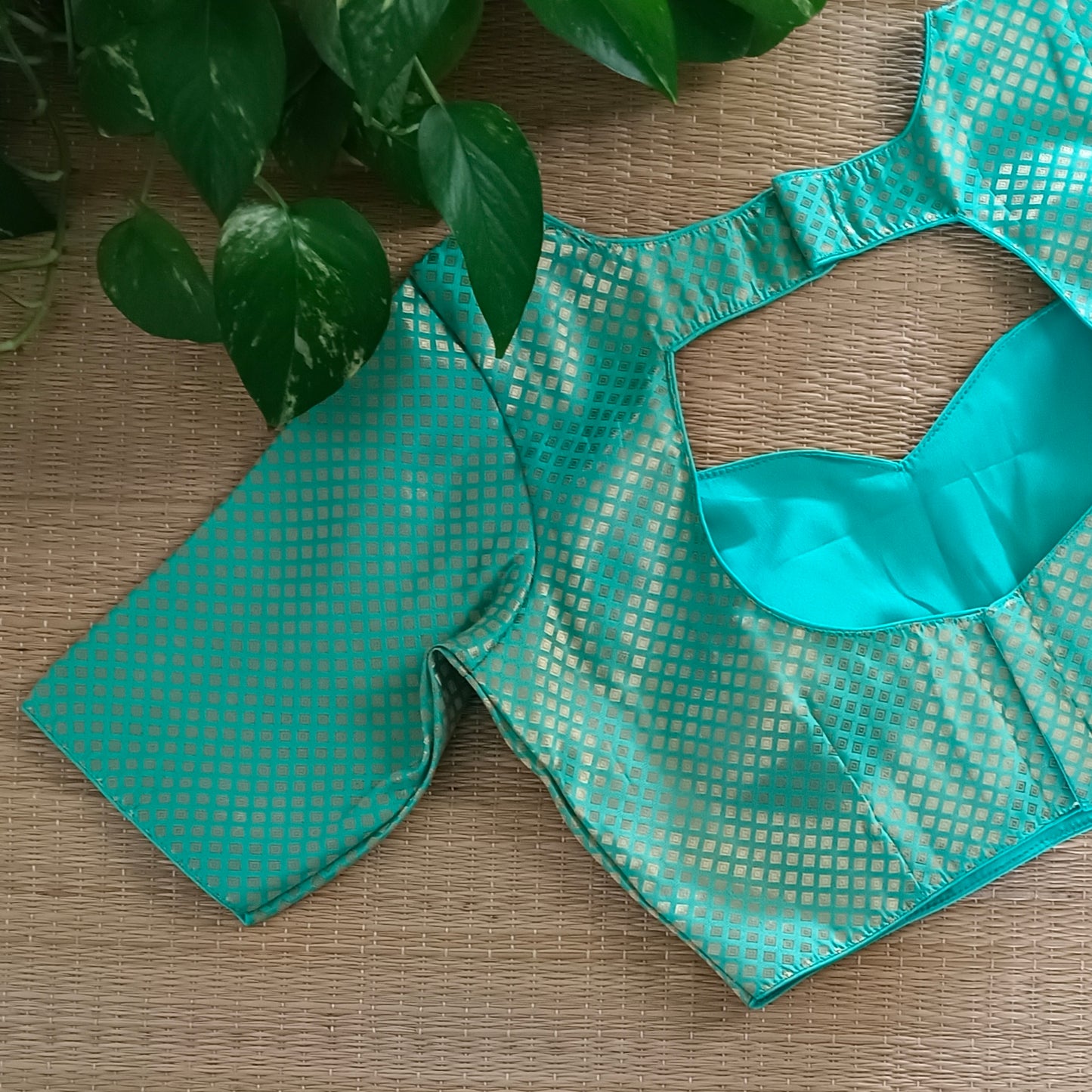 Aqua Green Sweet Heart Neck Brocade Blouse