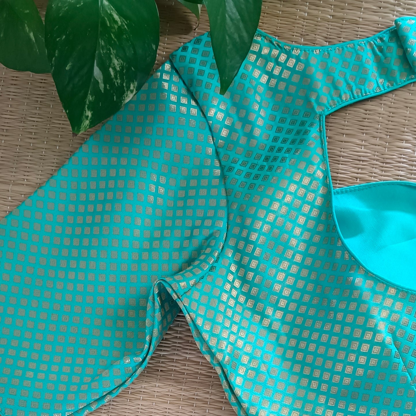 Aqua Green Sweet Heart Neck Brocade Blouse