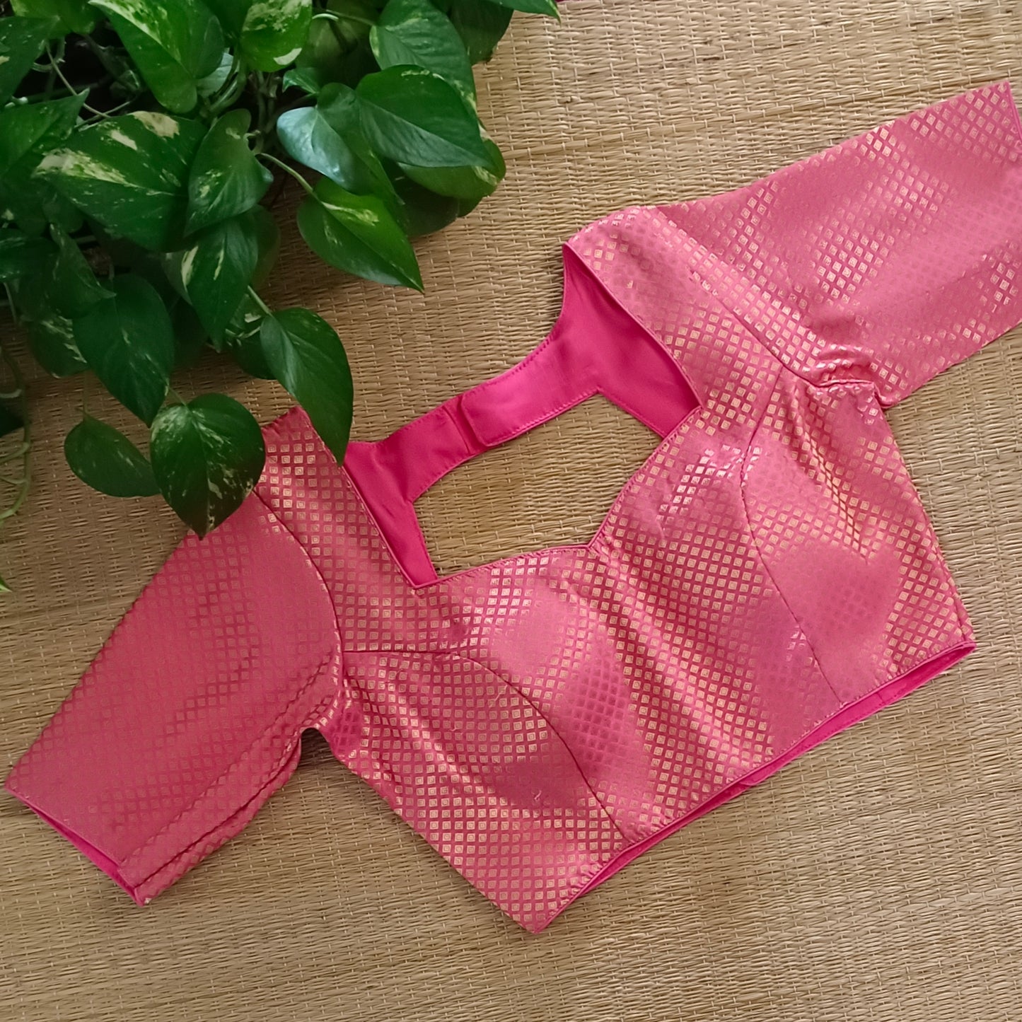 Peach Sweet Heart Neck Brocade Blouse