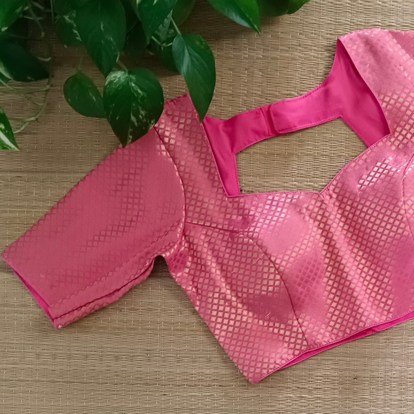 Pink Sweet Heart Neck Brocade Blouse