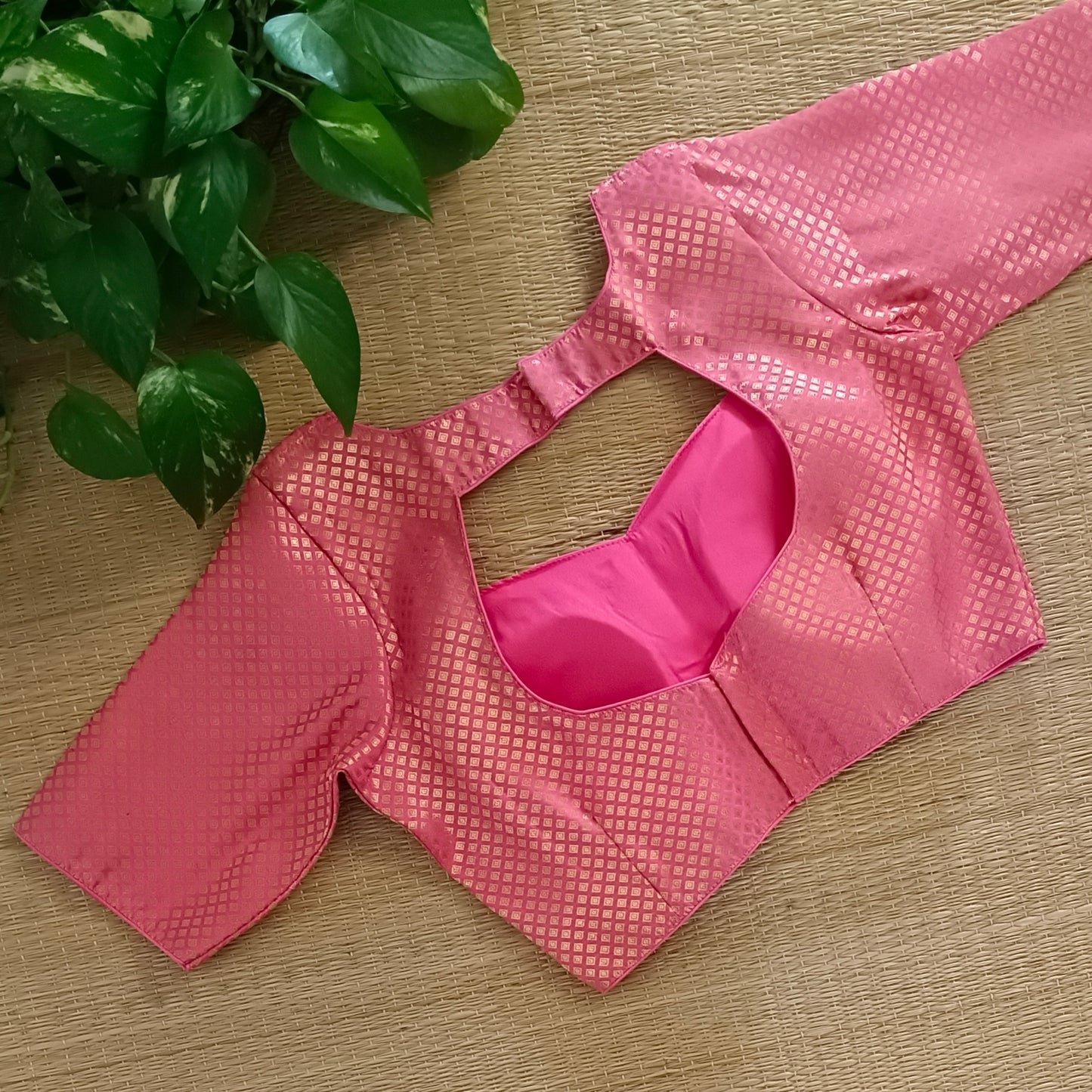 Pink Sweet Heart Neck Brocade Blouse