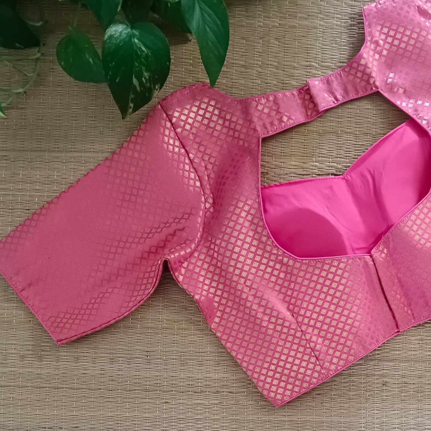 Peach Sweet Heart Neck Brocade Blouse