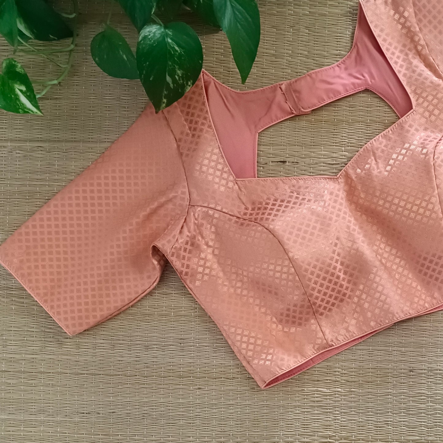 Pastel Orange Sweet Heart Neck Brocade Blouse