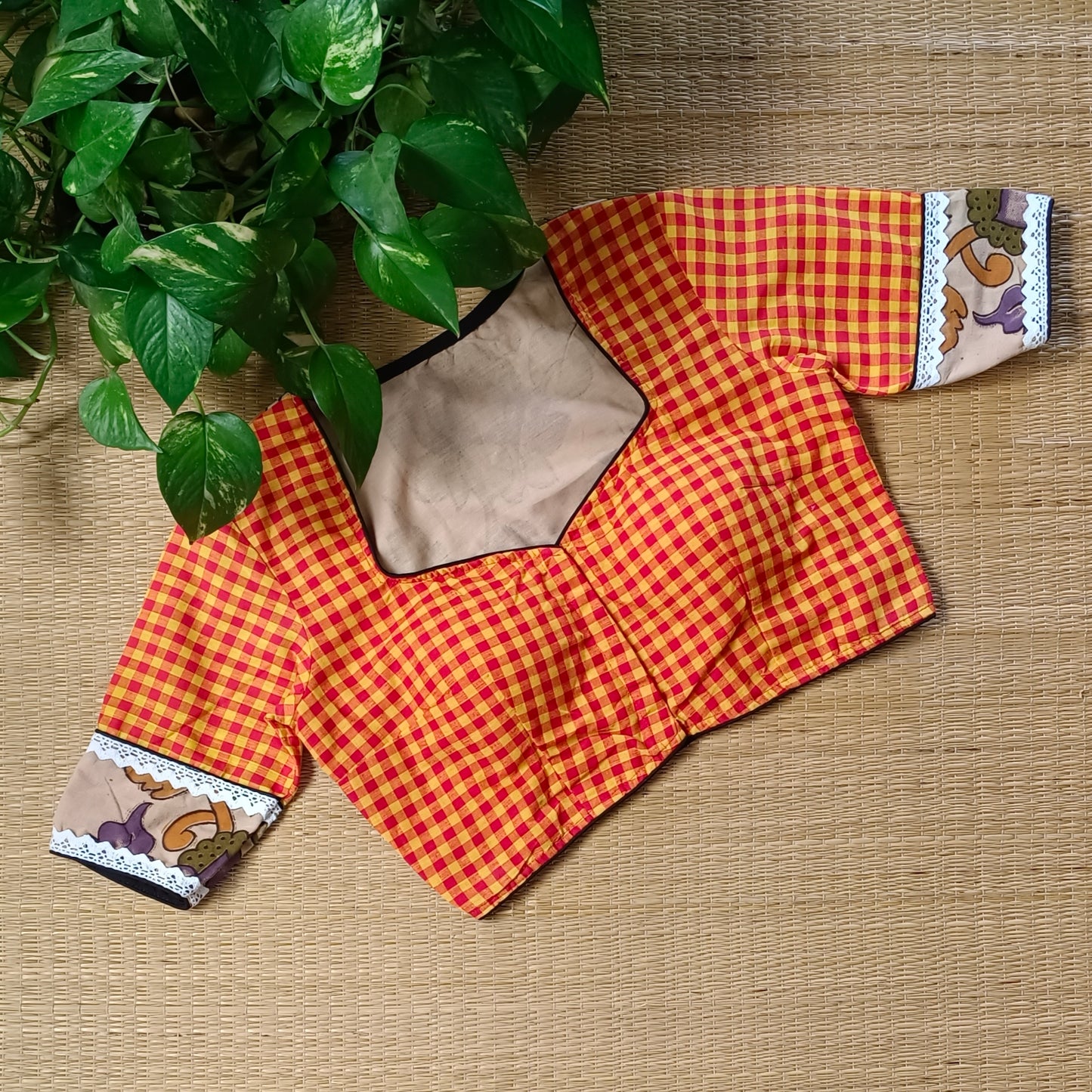 Yellow & Red Kalamkari Pattern Blouse With Checks