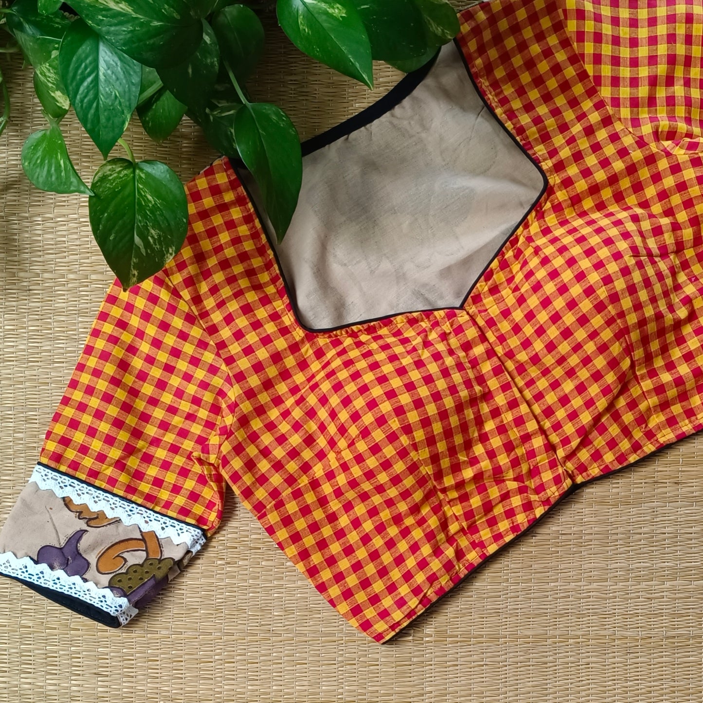 Yellow & Red Kalamkari Pattern Blouse With Checks