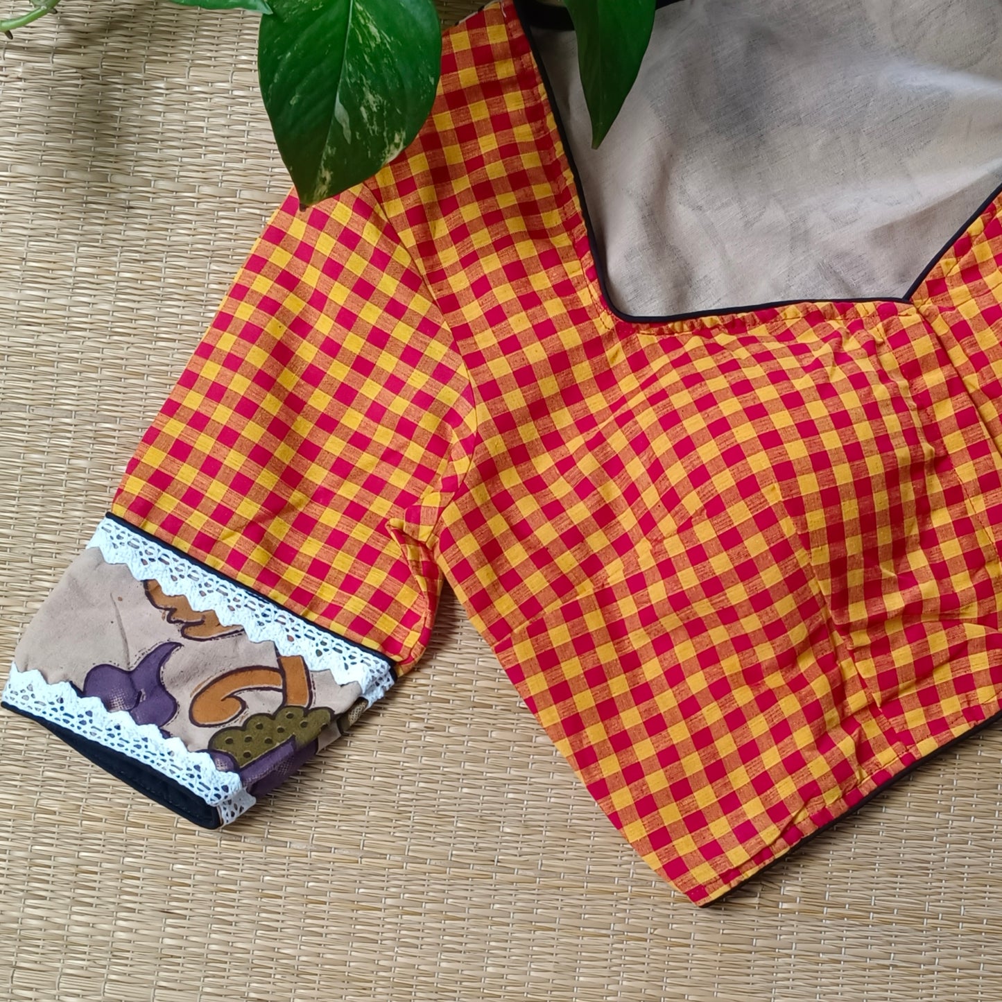 Yellow & Red Kalamkari Pattern Blouse With Checks