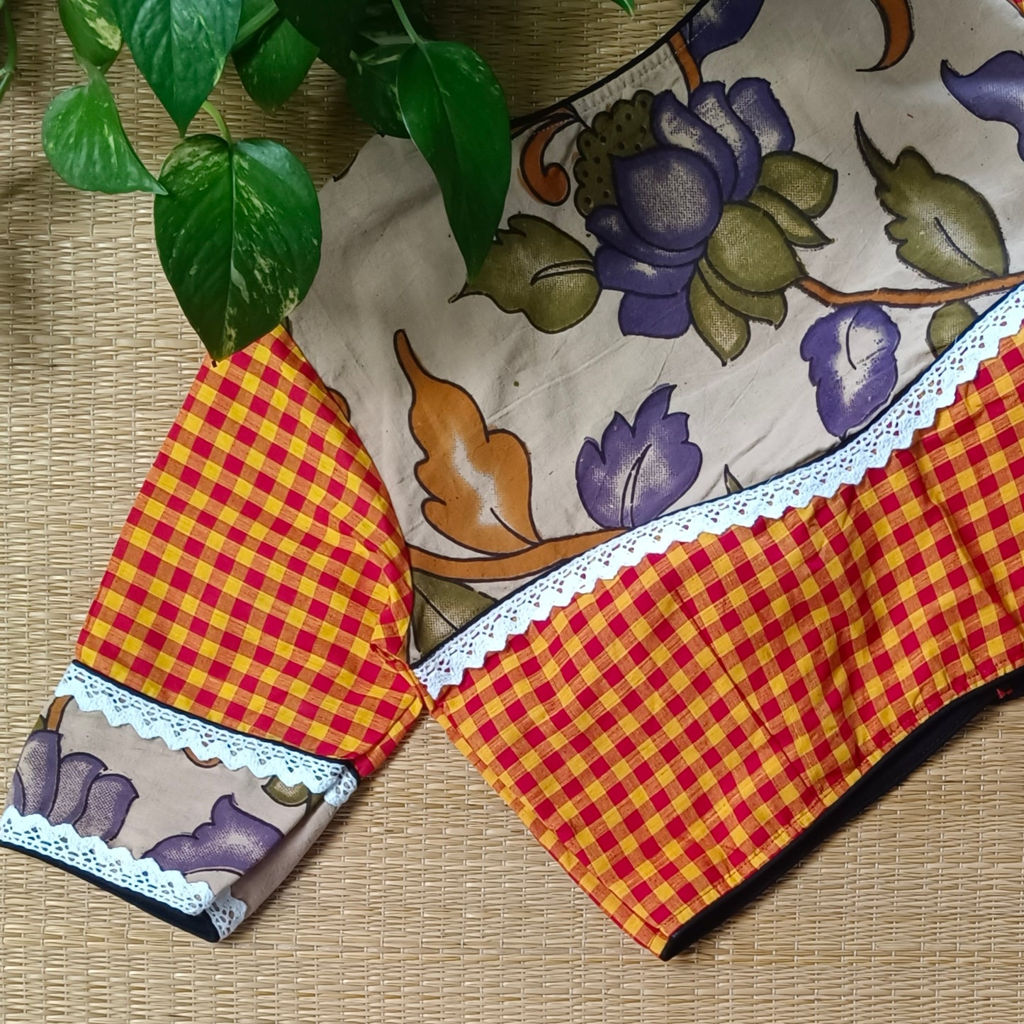 Yellow & Red Kalamkari Pattern Blouse With Checks
