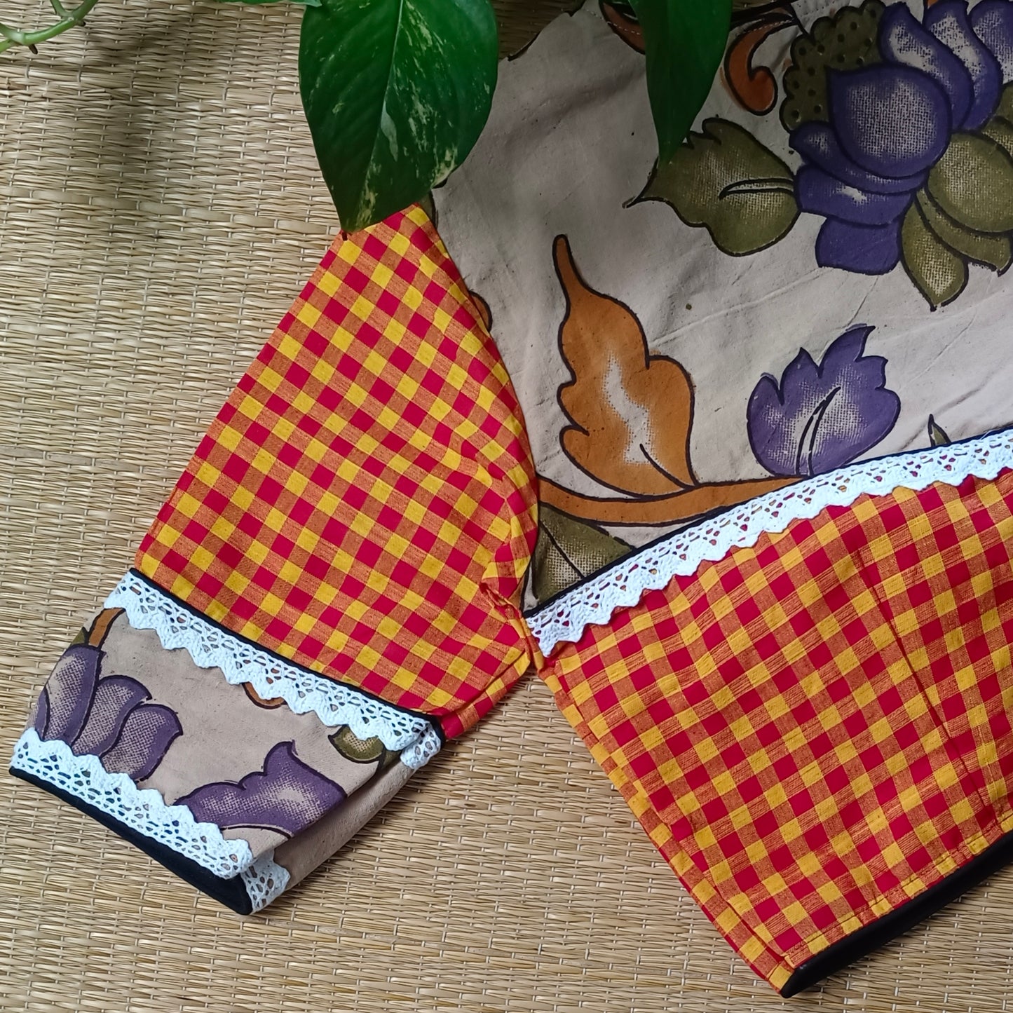 Yellow & Red Kalamkari Pattern Blouse With Checks