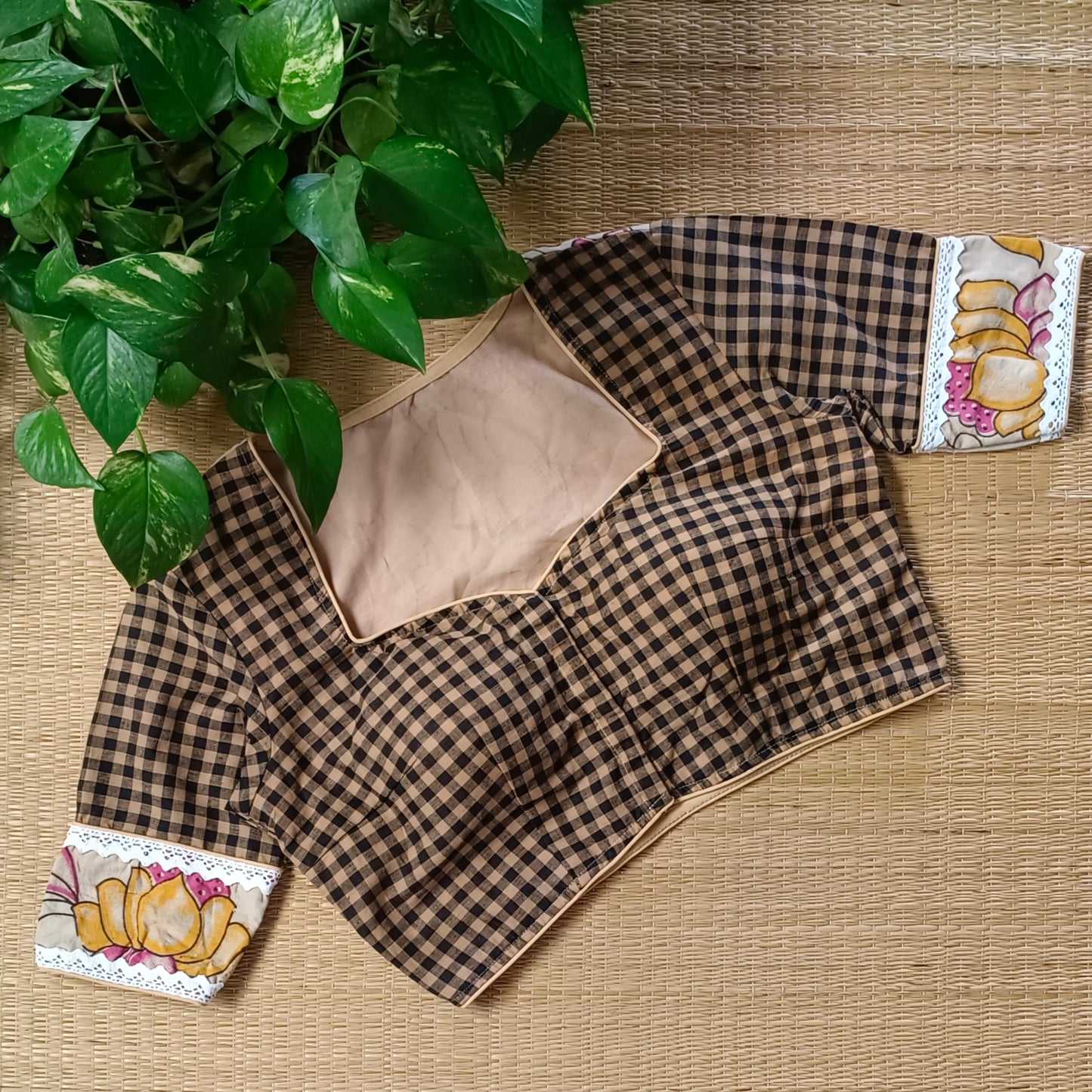 Beige & Black Kalamkari Pattern Blouse With Checks
