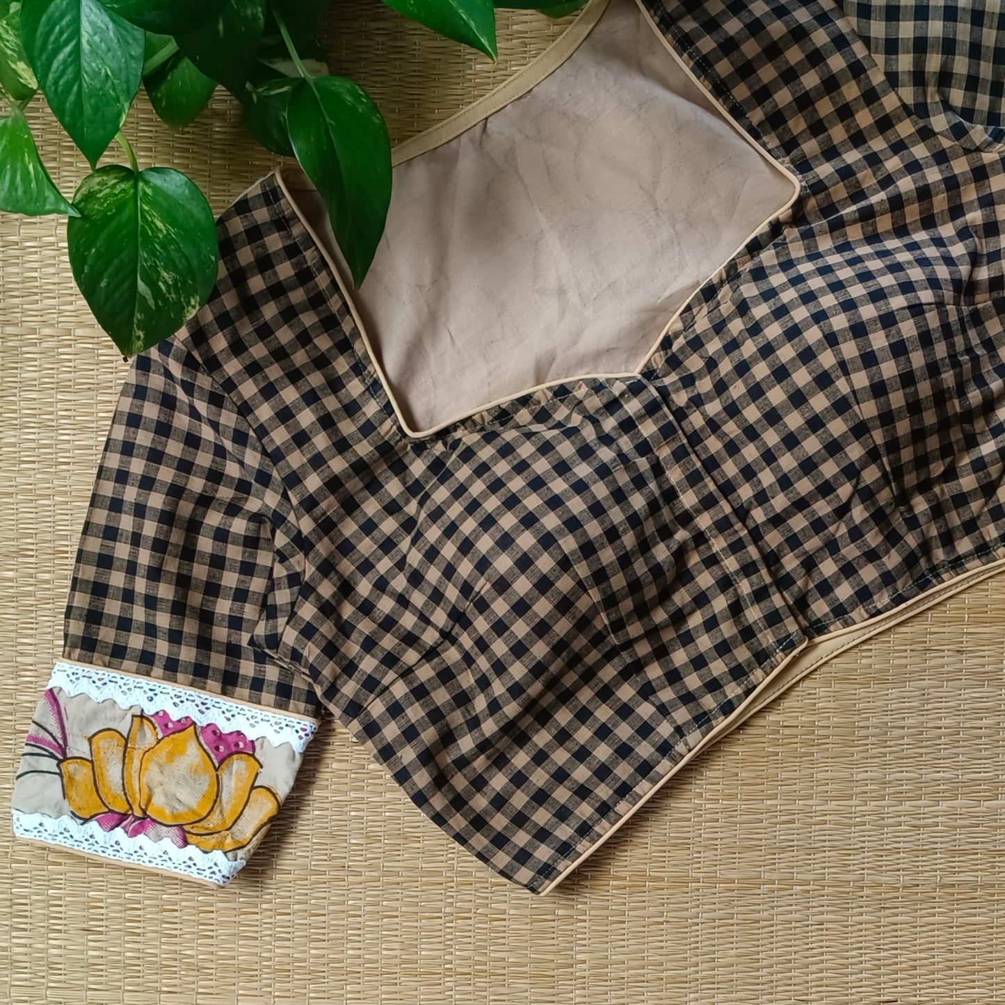 Beige & Black Kalamkari Pattern Blouse With Checks
