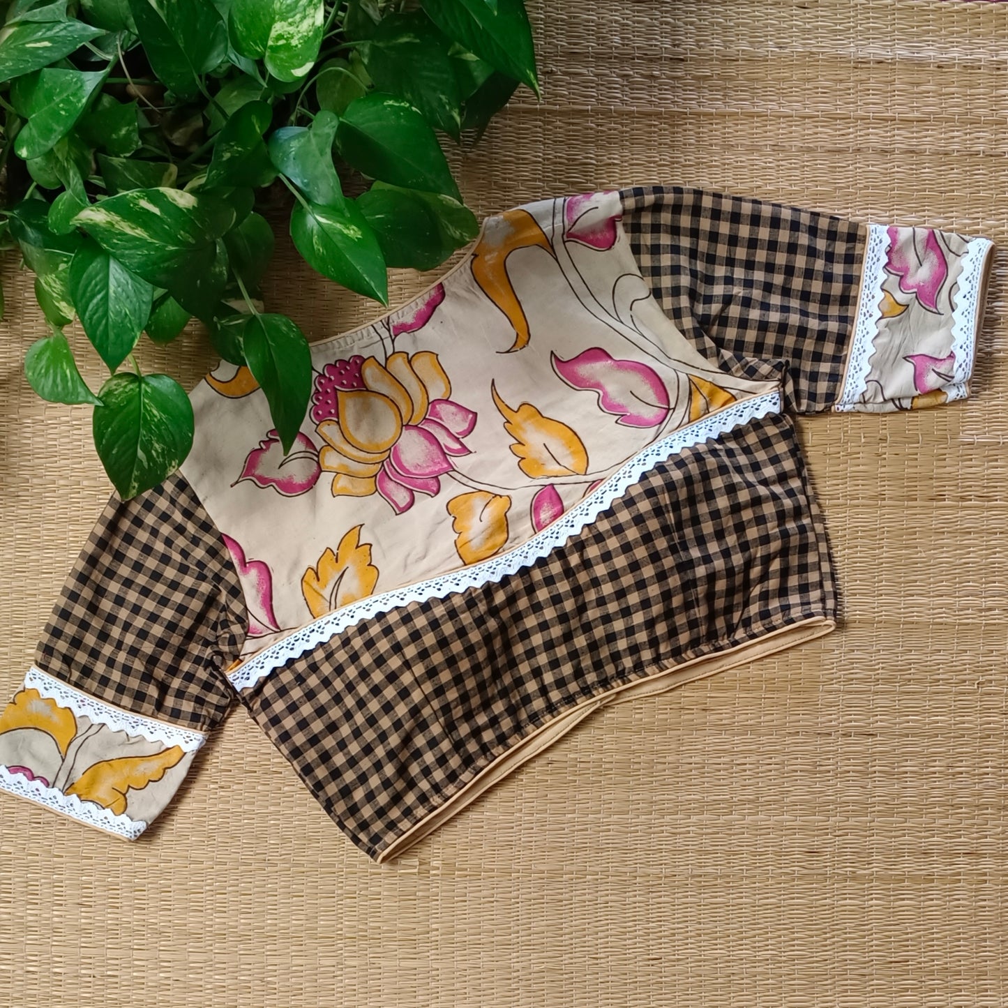 Beige & Black Kalamkari Pattern Blouse With Checks