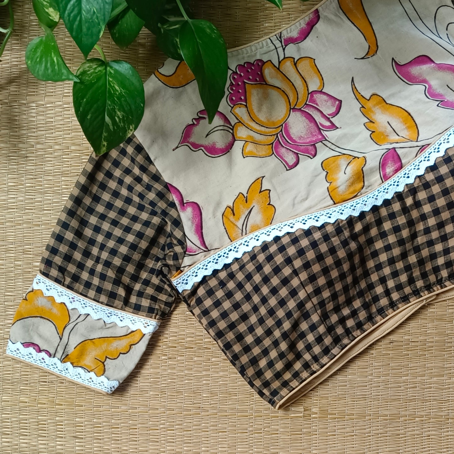Beige & Black Kalamkari Pattern Blouse With Checks