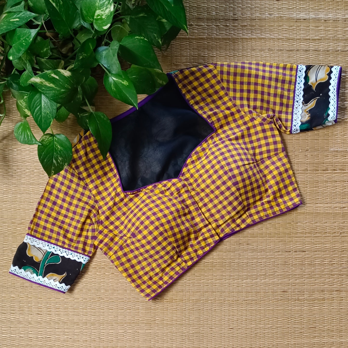 Yellow & Purple Kalamkari Pattern Blouse With Checks