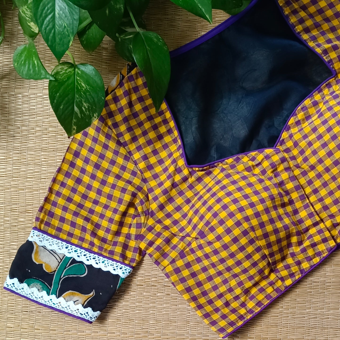 Yellow & Purple Kalamkari Pattern Blouse With Checks