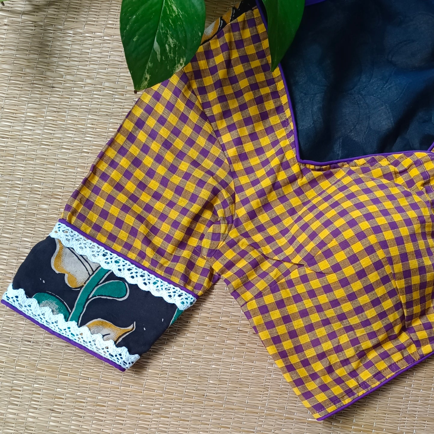 Yellow & Purple Kalamkari Pattern Blouse With Checks
