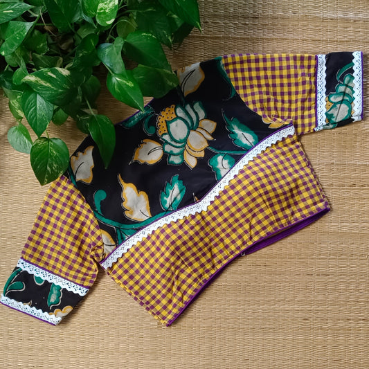 Yellow & Purple Kalamkari Pattern Blouse With Checks